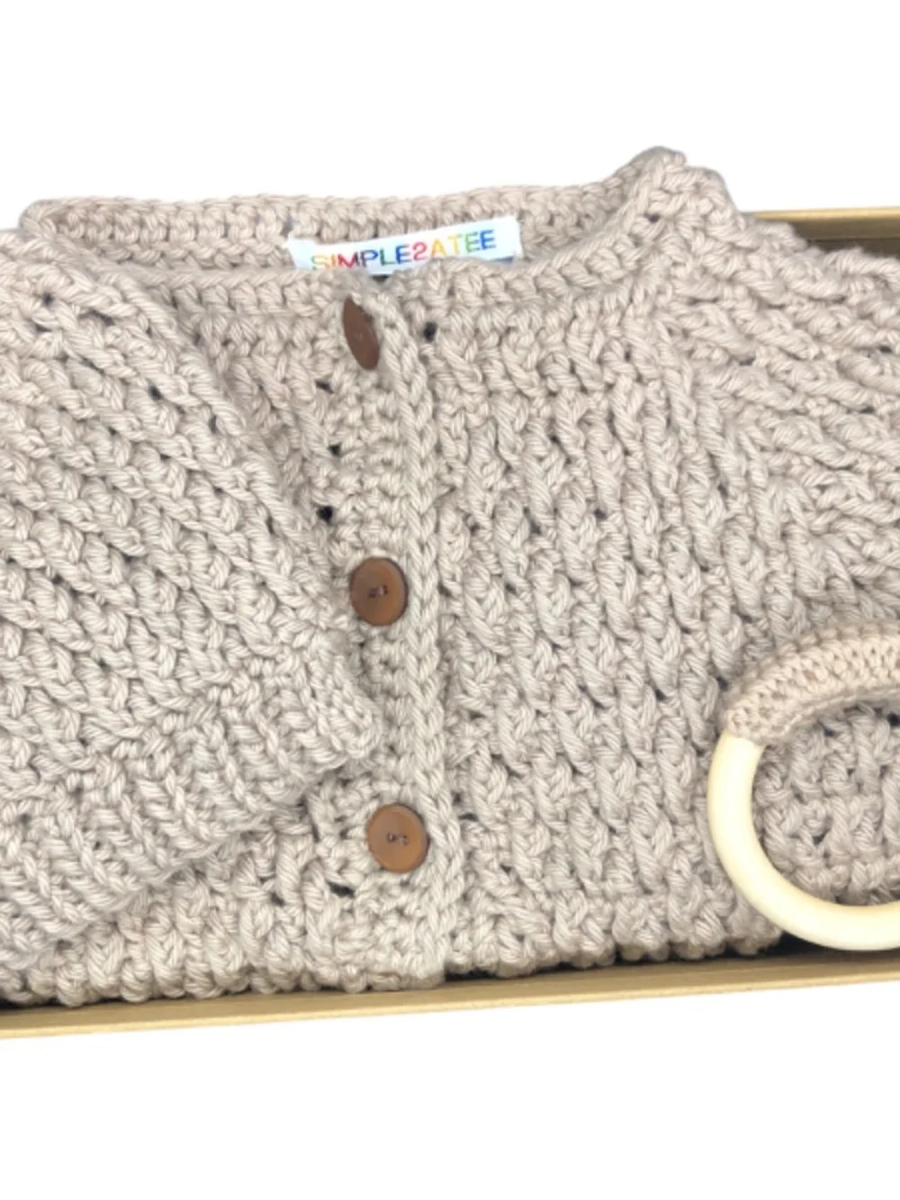 Handmade Baby Crochet Romper Gift Set with Beanie & Crochet Wooden Ring 6-9 Mos.